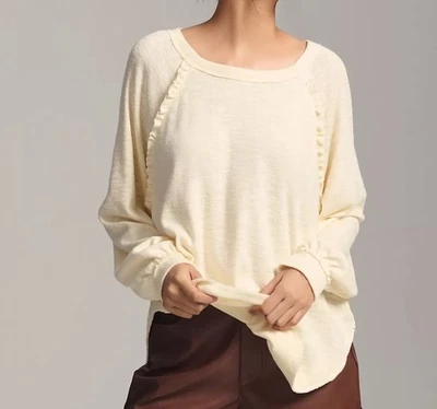 Anthropologie Pilcro 荷叶边拉格兰保暖上衣 XS 象牙色长袖波西米亚 — 第 1/4 张图片