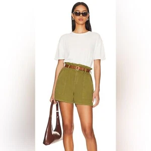 Pantalones Cortos de Sarga Cintura Bolsa de Papel Nueva York en Blanco Nuevos con Etiquetas en Verde - Talla S - Imagen 1 de 5