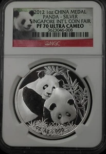 2012 CHINA SILVER PANDA .999 1OZ AG SINGAPORE INTL COIN FAIR NGC PR70 ULTRA CAM - Picture 1 of 4