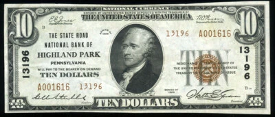 $10 1929 Ty2 The State Road National Bank of Highland Park PA Ch 13196 NICE AU - Image 1 of 2