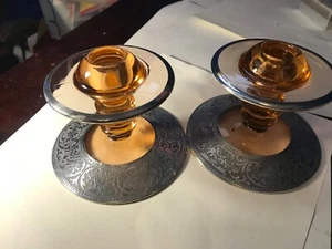 Vintage Pair Art Deco Candlestick Candle Holders Glass Sterling Silver Overlay - Picture 1 of 15