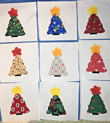 Christmas Tree  Quilt Top Blocks Cotton Fabric Applique 6" X 6" Lot of 9 - Image 1 of 4