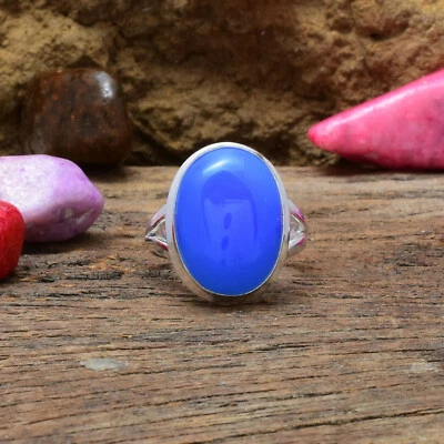 Luccicante Blu Calcedonio Gemma 925 Argento Sterling Handmade Anello All Misura - Immagine 1 di 3