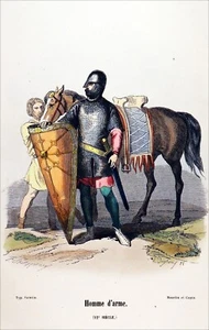 UN HOMME d'ARMES au 12eme siècle - Gravure 19e siècle en couleur - Imagen 1 de 2