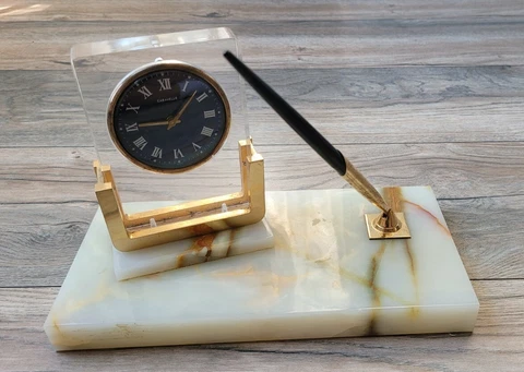 Vintage Caravelle Desk Set Brass Windup Clock Onyx Stand with Pen 5X10" GUC Cover