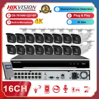 Hikvision Compatible 4K 16CH 16POE CCTV System 8MP IR Outdoor IP Camera MIC Lot