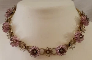 Vintage  Unmarked Pink Metal and Rhinestone Link Flower Necklace - Picture 1 of 3