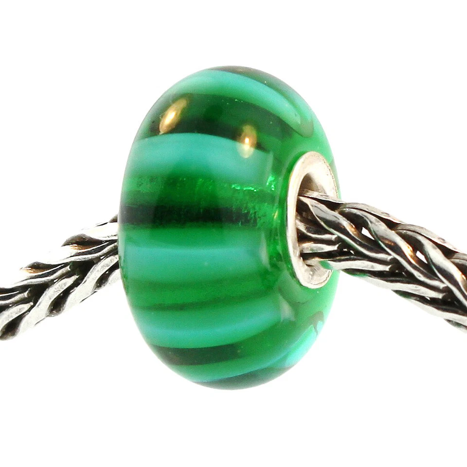 Authentic Trollbeads Glass 61359 Green Stripe 7 RETIRED
