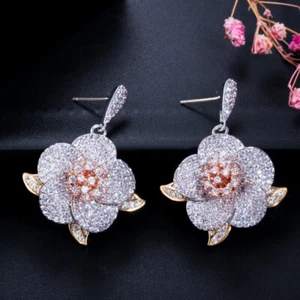 Multi-Tone Gold Plated Cubic Zirconia Flower Long Drop Earrings for Women Bridal - Picture 1 of 8