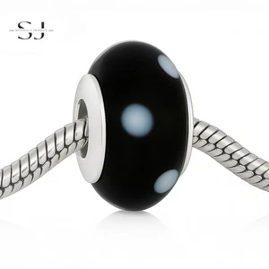 925 Sterling Silver Black & White Polka Murano Glass Charm Bead for Bracelets - Picture 1 of 4