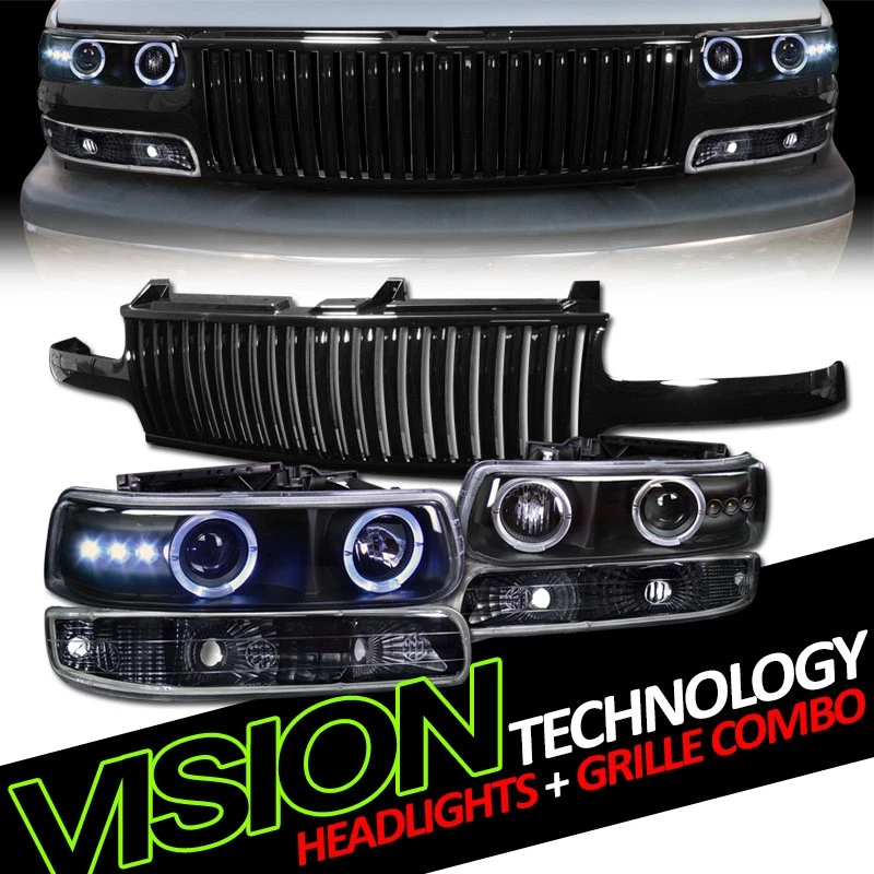 Farol projetor LED BK Halo + para-choque de sinal + grade vintage para 00-06 Suburban/Tahoe - Imagem 1 de 2