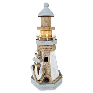 Leuchtturm beleuchtet Holz LED Deko Dekoration Maritim Anker Strand Meer H 24 cm - Bild 1 von 12