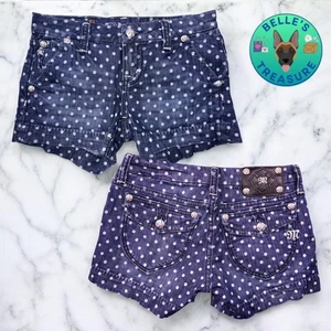 Miss Me Shorts Size 26 Blue Denim Polka Dot Embellished Flap Pockets 28x4 Jorts - Picture 1 of 10