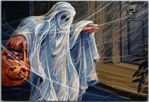 Halloween Oriental City Pub 4x6 Postcard Child in Ghost Costume / Trick or Treat - Picture 1 of 2