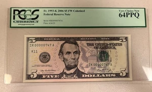 2006 $5 Federal Reserve Note PCGS SUPERB GEM 64 PPQ 1993-K Low Num 747 - Picture 1 of 2