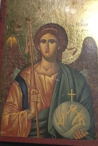 Erzengel Michael Hostie Kommandant byzantinisches Holz GOLDBLATT GRIECHENLAND ORTHODOXE IKONE - Bild 1 von 6
