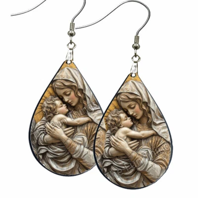 Virgen María y Jesús Religiosos Navidad Pendientes Lágrima SIN DESLUSTRAR Madera Foto 1 de 4