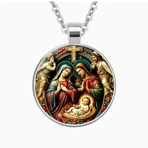 Retro Jesus Family Print Round Pendant Necklace, Gift For Religious Believers - Picture 1 of 5