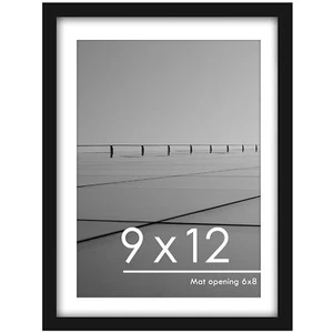9X12 Picture Frame Black Display Photos 9X12 Wood Picture Frame 6X8 with Mat - Picture 1 of 8
