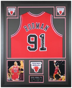 Dennis Rodman Autographed & Framed Red Chicago Jersey Auto JSA - Picture 1 of 5