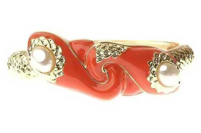 Brazalete Brazalete Brillante Coral Naranja Esmalte Doble Serpiente Bisagras Oro 14K Perla Foto 1 de 1