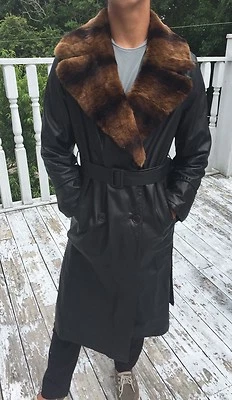 New Designer La Matta Men's Black leather & Fur Collar Trench Coat Sz 42 $2795 - Image 1 of 4