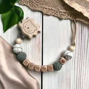 Cadena de chupete con nombre madera silicona niño bebé regalo león - Imagen 1 de 3