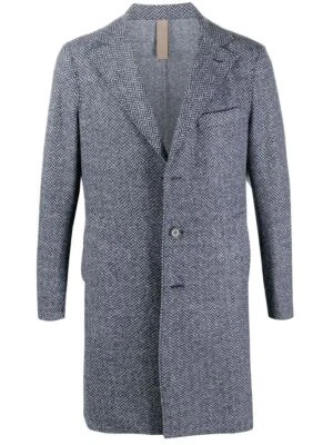 ELEVENTY - Blue Herringbone Suede Detail Logo Button Coat - 44R (54 EU) - Image 1 of 4