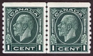 Canada Sc 205 Green 1¢ p.8 1/2 Coil Line Pair Mint Never Hinged Original Gum - Picture 1 of 1