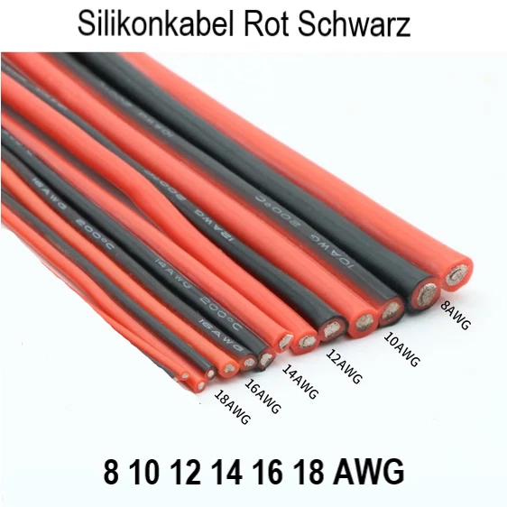 Silikonkabel flexibel Schwarz Rot 8 10 12 14 16 18 20 AWG Kupferkabel RC Auto - Bild 1 von 1