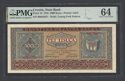 Croatia 5000 Kuna 1943 P13 Uncirculated Grade 64 - Image 1 of 2