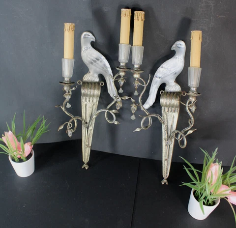 Pair 1960s Maison Bagues Wall Sconces lights Birds parrot glass Cover