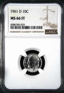 :1961-D 1OC FRANKLIN ROOSEVELT-DIME NGC NEAR-SUPERB MS66FT RARE R5 HIGH-GRADES - Picture 1 of 2