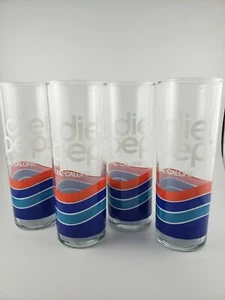 VINTAGE DIET PEPSI ONE CALORIE TALL GLASSES RED WHITE BLUE WAVE SET OF 4 - Picture 1 of 8