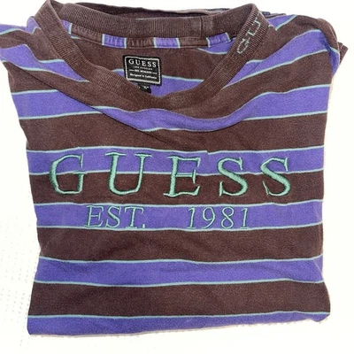 Guess Men’s Vintage Longsleeve Purple And Brown Striped Size XL - Image 1 of 4