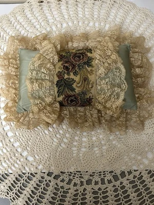 Vintage Kathleen’s Luxury Silk Throw Pillow Tapestry & Lace 8x13” Plus 3” Lace - Image 1 of 4