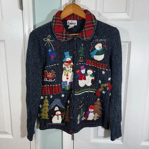 Vintage Ambra Blue Knit Christmas Sweater Womens Size Medium Santa Snowman Ramie - Picture 1 of 12