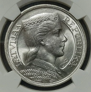1932 Lettland 5 Lati Silbermünze NGC MS62 Erste Republik - Bild 1 von 6
