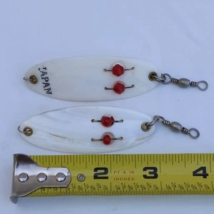 2 Unknown Vintage Japan Abalone MOP Pearl Trolling Red Eye Spoons - Picture 1 of 10