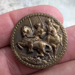 Knights on Horses Picture Antique Brass Button Large - Picture 1 of 7