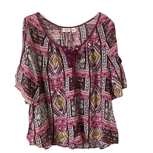 CATO Damen Patchwork Print Pullover vorne zum Binden Cold Shoulder Bluse Größe 18-20. - Bild 1 von 4