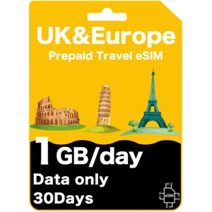 UK & Europe Prepaid Travel eSIM 1GB High Speed Data Per Day (Data Only) - Picture 1 of 10