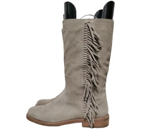 Bass Molly Suede Fringe Trim Side Zip Boots Gray Native Cowgirl Y2K 7.5M - Picture 1 of 9
