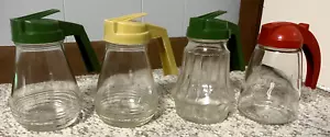 FEDERAL HOUSEWARES GLASS SYRUP DISPENSER - GREEN, RED, & YELLOW LID RIBBED BASE - Picture 1 of 24