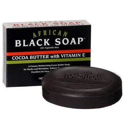 Madina African Black Soap Cocoa Butter with Vitamin E, 3.5 OZ Vegan 6 or 12 Pack - Image 1 of 2