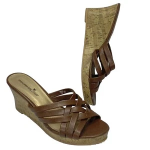 Montego Bay Club Brown Platform Cork Wedge Sandals Heels Womens Shoes Size 8.5 - Picture 1 of 13