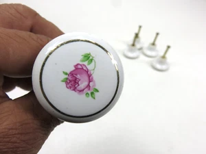 5 Porcelain Cabinet Drawer Pulls Vintage Knobs Pink Rose Gold band BA5C2405 - Picture 1 of 8