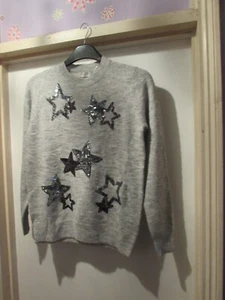 LADIES GREY CHRISTMAS/STAR THEMED/PATTERNED JUMPER WITH SEQUINS SIZE S BY PAPAYA - Picture 1 of 6
