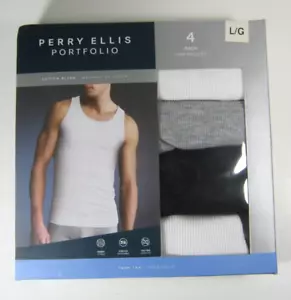 PERRY ELLIS 4 Pack Men's Large Ribbed Stretch Cotton Tanks White Black Gray - Picture 1 of 3