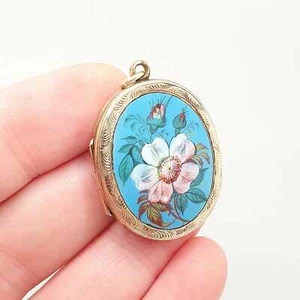 Antique Victorian 9ct 9k Gold Locket Enamel Flower Hand Painted Necklace Pendant - Picture 1 of 9